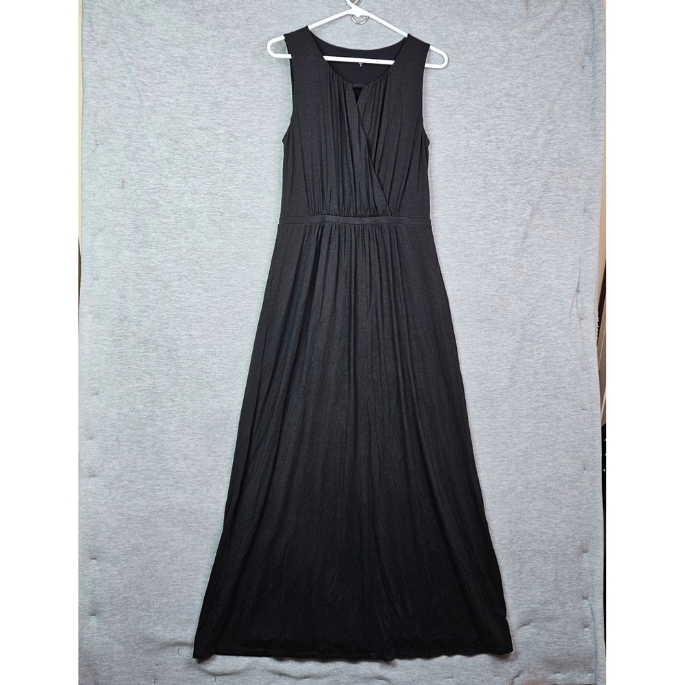 Garnet Hill Black Tencel Blend Sleeveless Surplice Maxi Dress Women's Size M
